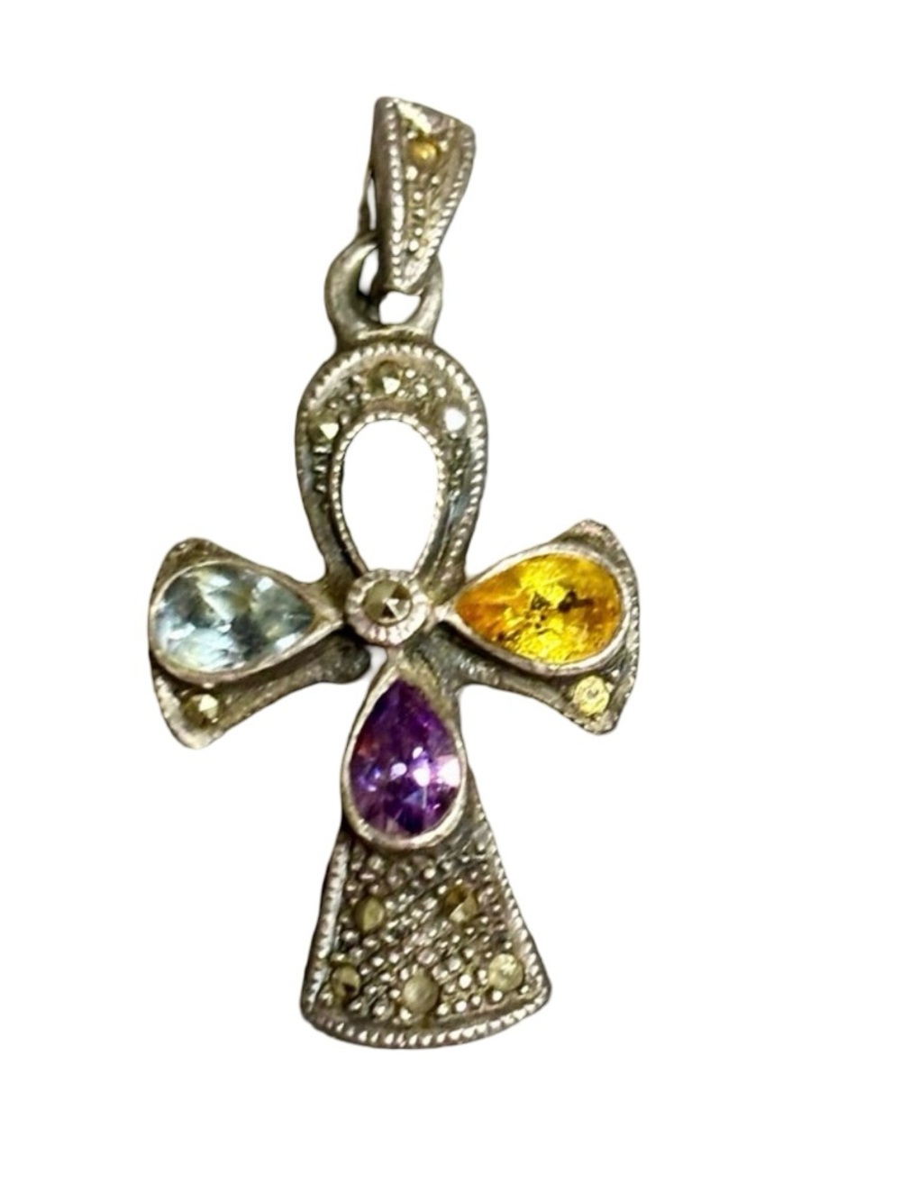 Sterling Silver 925 Multicolor Gemstone Ankh Cross Pendant Necklace - Unbranded